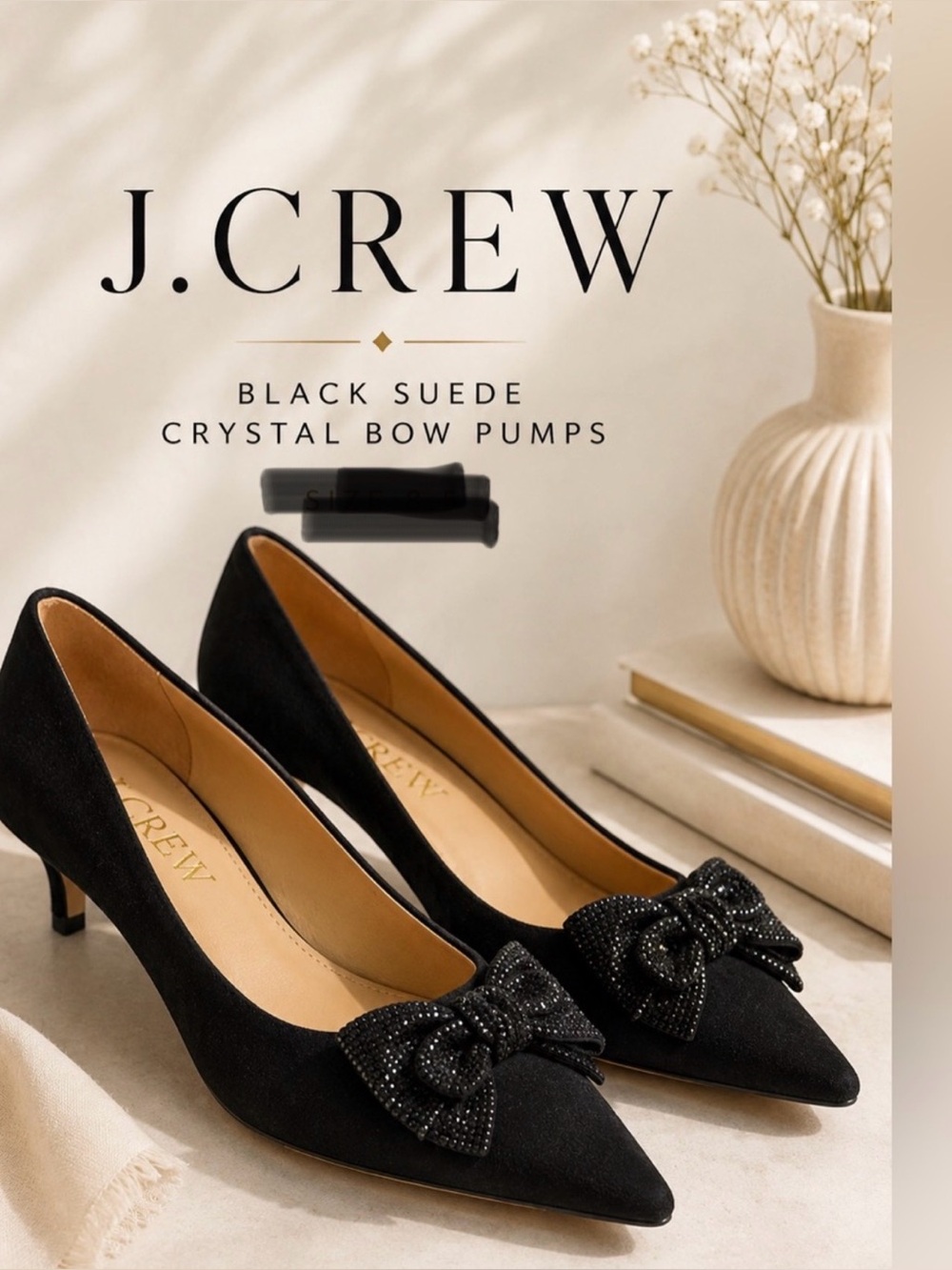 NIB J.Crew Black Suede Crystal Bow Pointed Kitten Heels 7.5